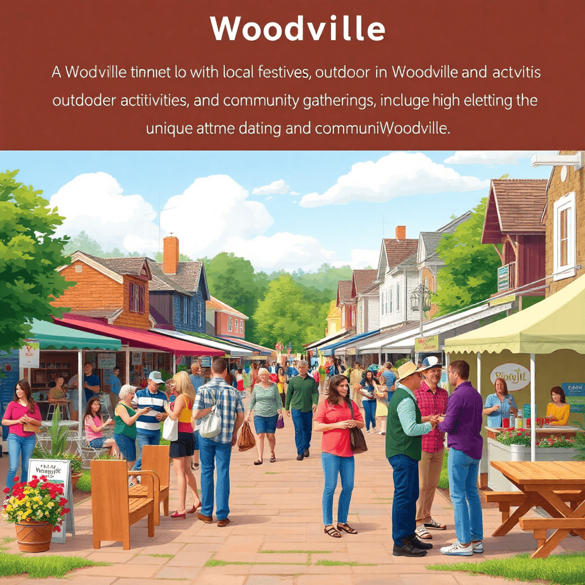 A vibrant small-town park filled with people chatting, couples enjoying each other's company, and festive decorations, creating a warm and inviting...