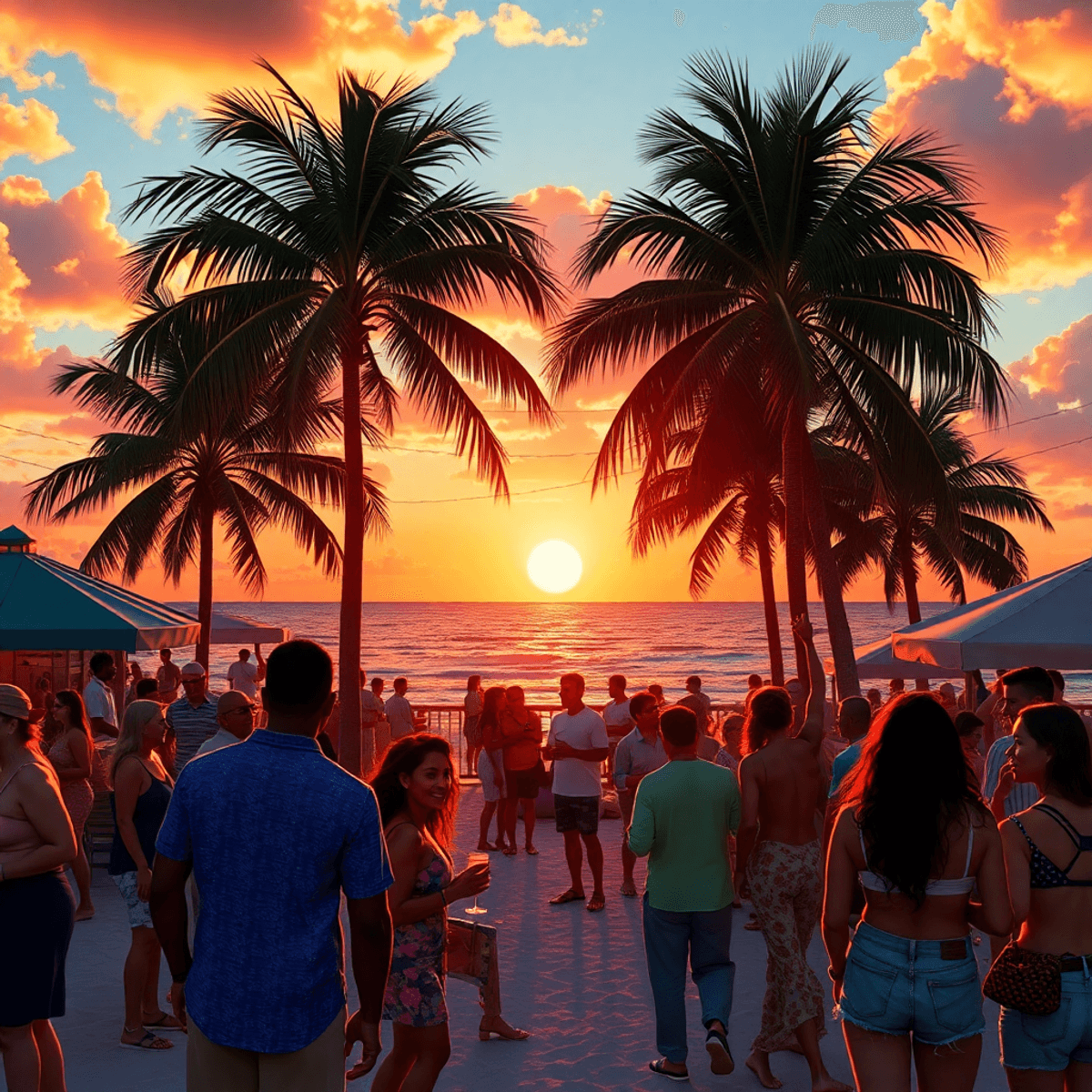 A vibrant beach scene at sunset in South Highpoint, Florida, with palm trees and people enjoying outdoor activities and socializing, creating a sen...