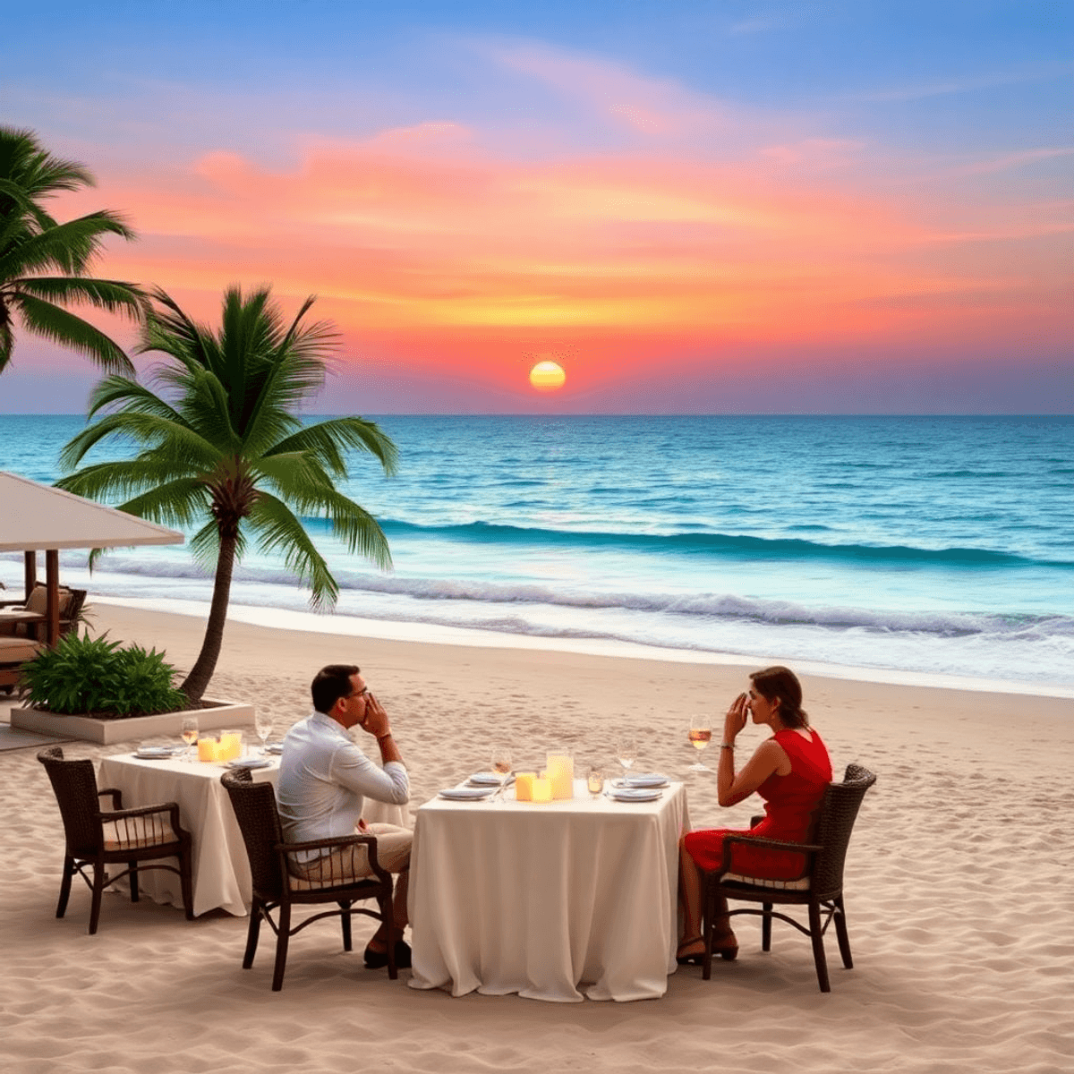 A serene beach at sunset with elegant dining setups, couples enjoying romantic moments, palm trees, and gentle waves, capturing an upscale coastal ...