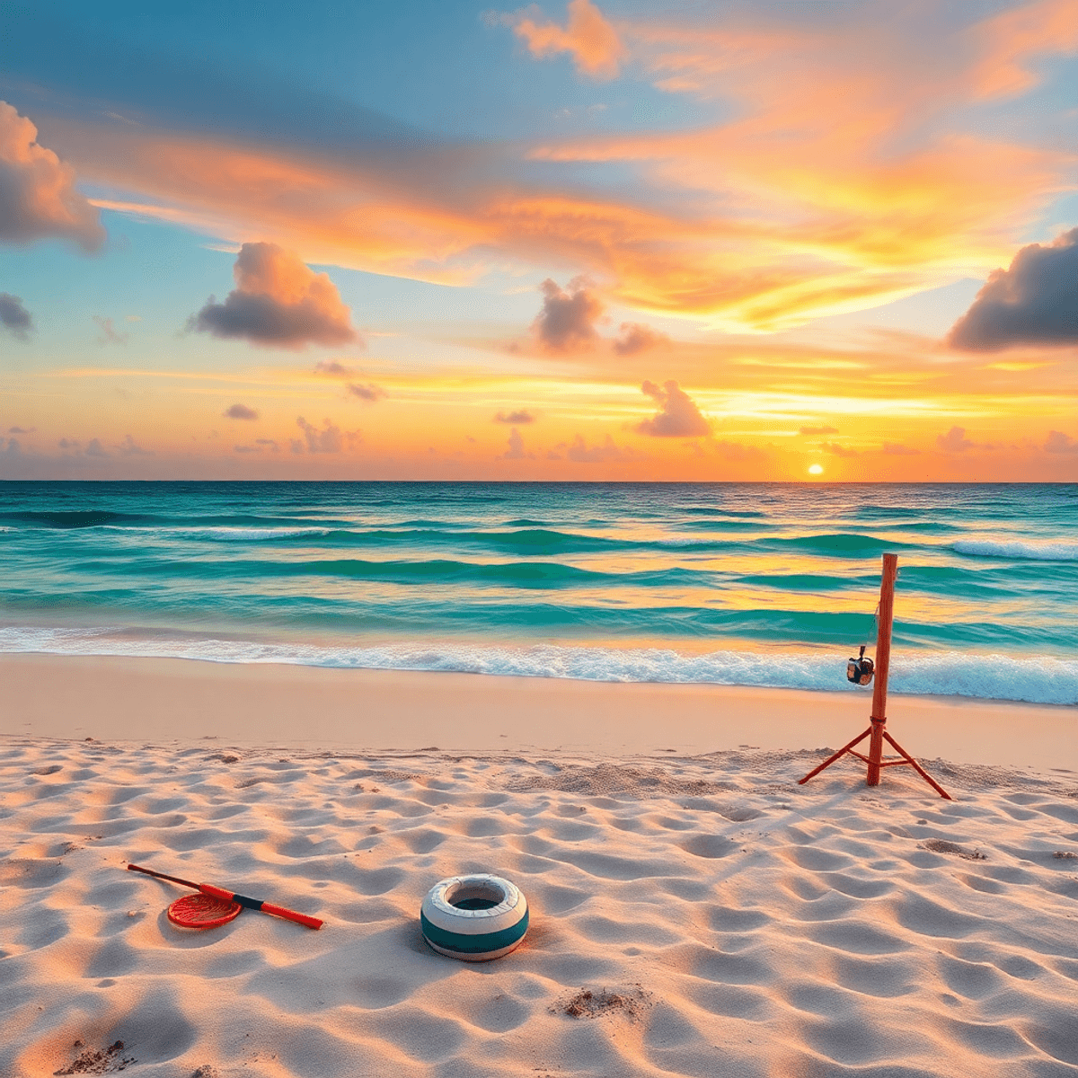 A picturesque beach in Lower Grand Lagoon, Florida, with soft sand, gentle waves, vibrant sunsets, beach volleyball gear, and fishing equipment, cr...