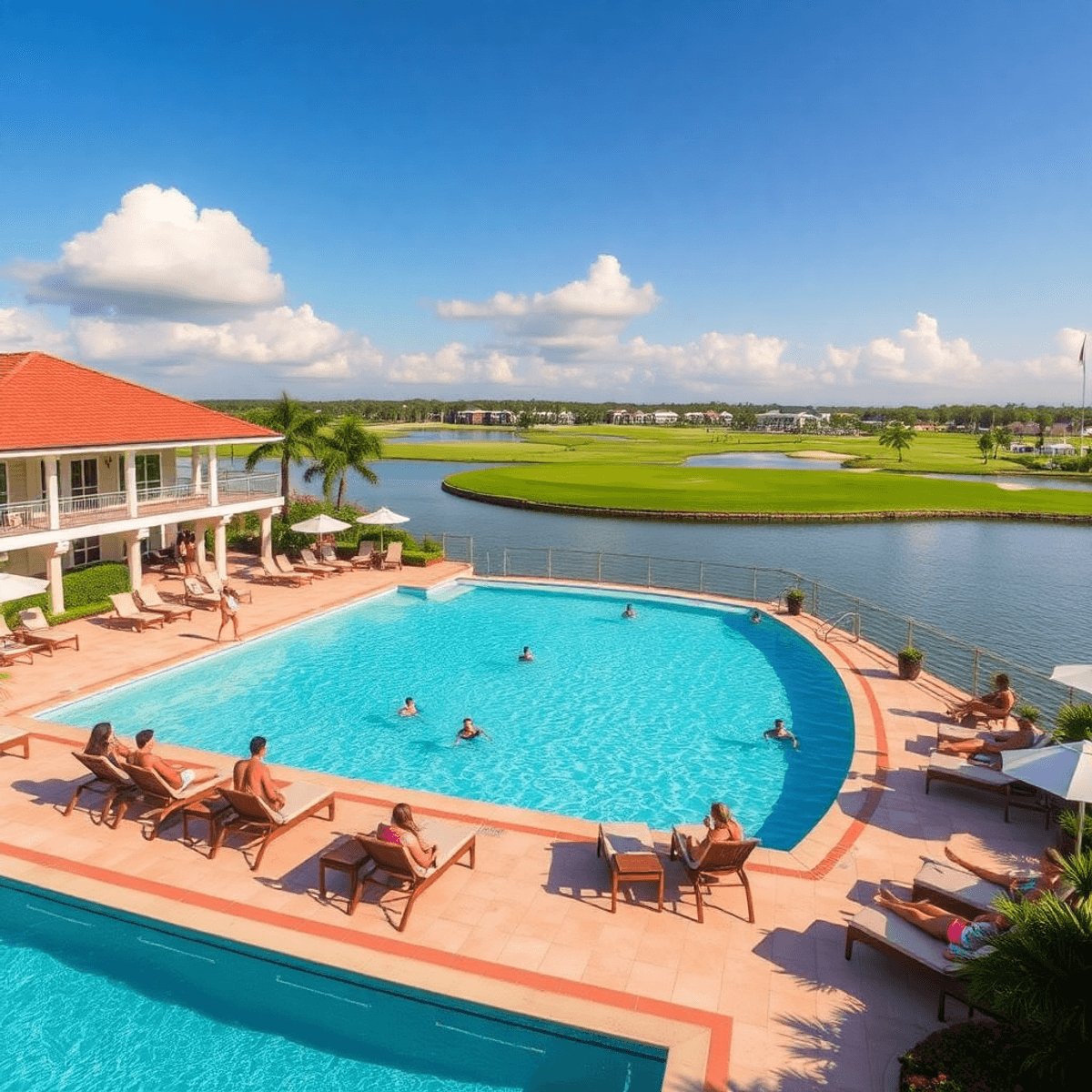A lively waterfront scene at Sunseeker Resort Charlotte Harbor featuring an infinity pool, lush greenery, sunny skies, and people swimming and soci...