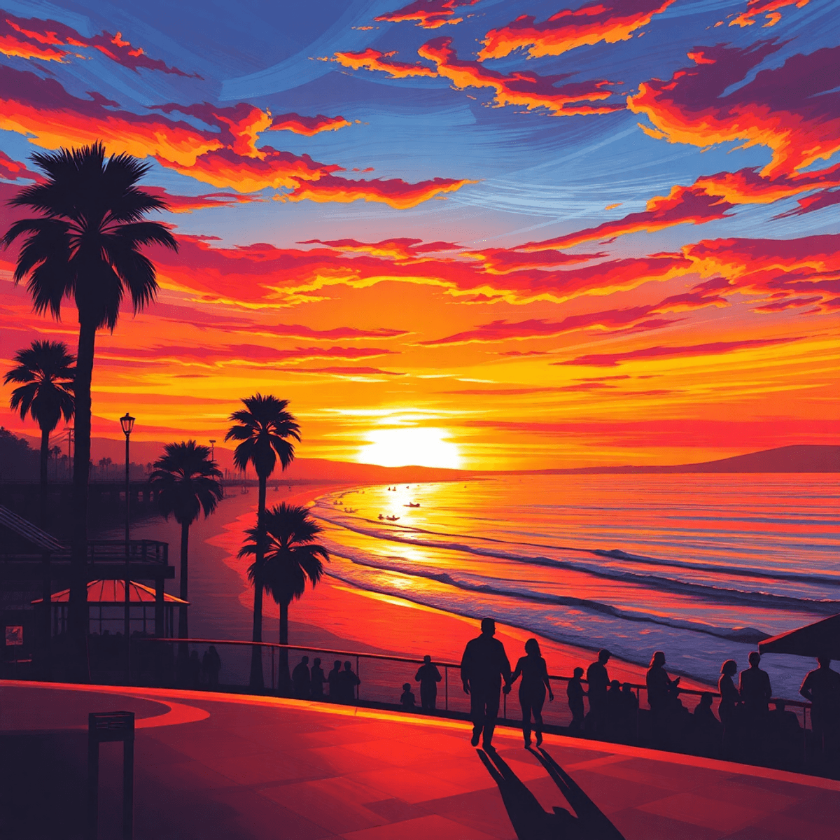 A vibrant sunset over Laguna Beach with silhouetted palm trees and a couple strolling along the shoreline, capturing the charm of coastal life and ...