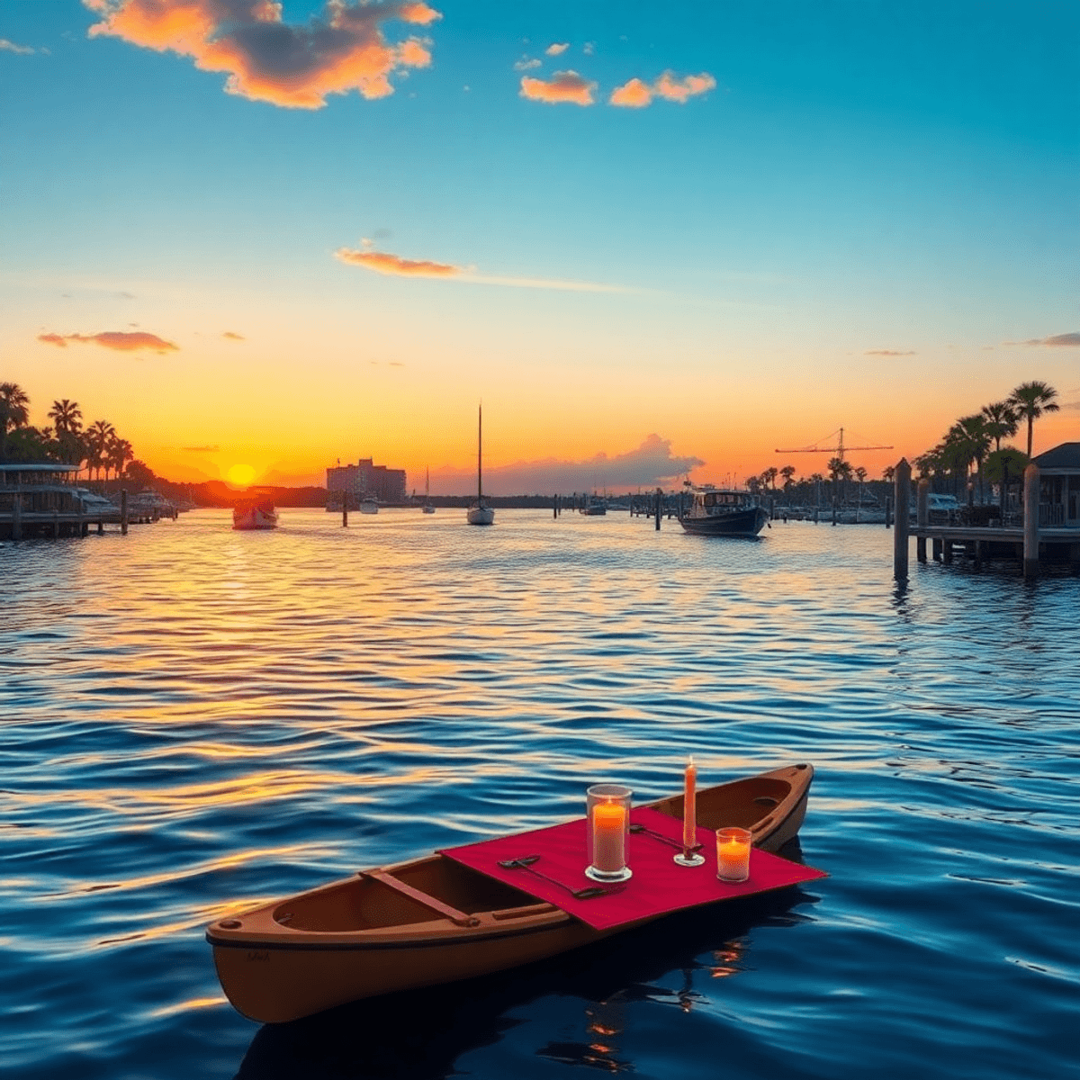 A serene sunset over Charlotte Harbor, featuring gentle waves, palm trees, a drifting kayak, and a cozy candlelit dining setup for two on the water...