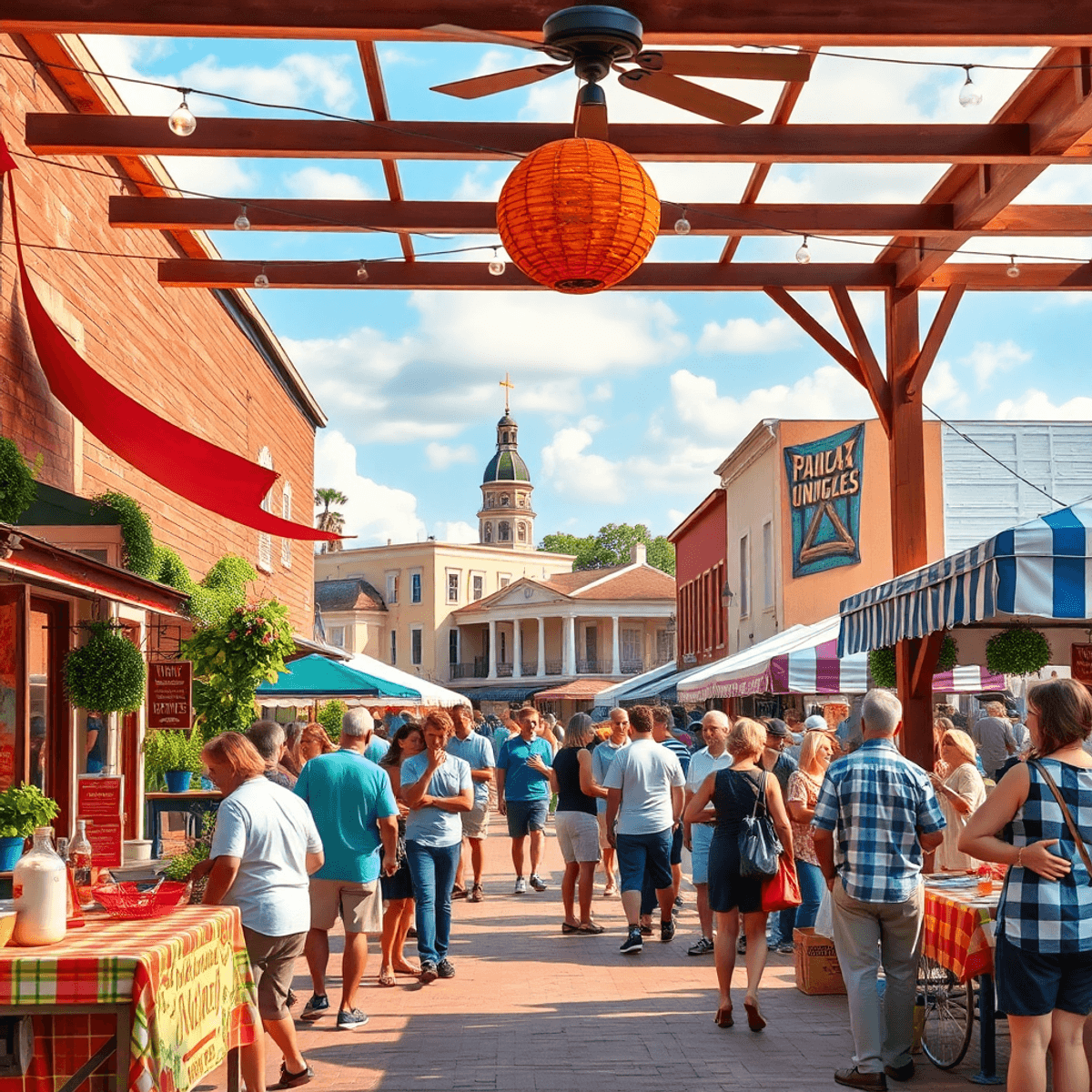 A vibrant outdoor community event in Bagdad, Florida, with people socializing among food stalls and colorful decorations, set against historic buil...