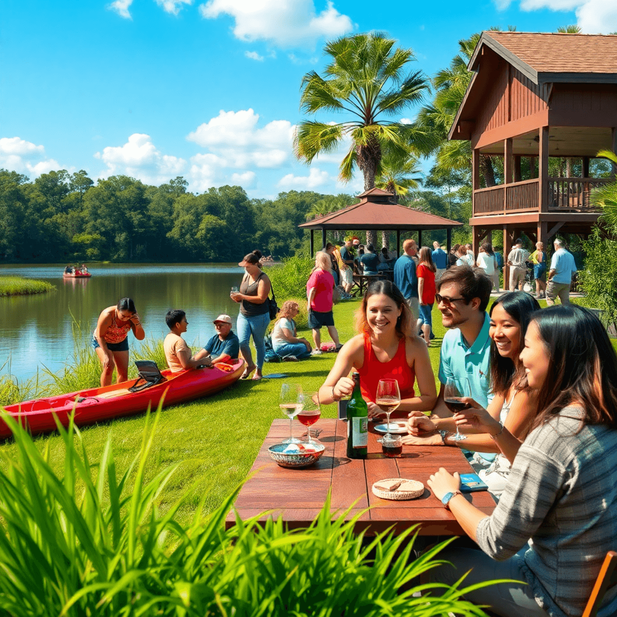 A lively outdoor scene in West DeLand, Florida, featuring singles hiking, kayaking, and socializing by a scenic lake surrounded by lush greenery.