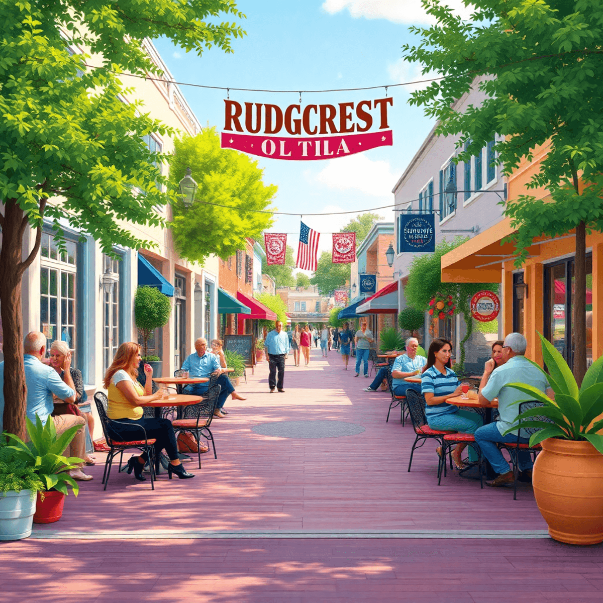 A lively small-town street in Ridgecrest, Florida, with outdoor cafes, couples enjoying dates, and lush greenery, showcasing a warm and inviting co...
