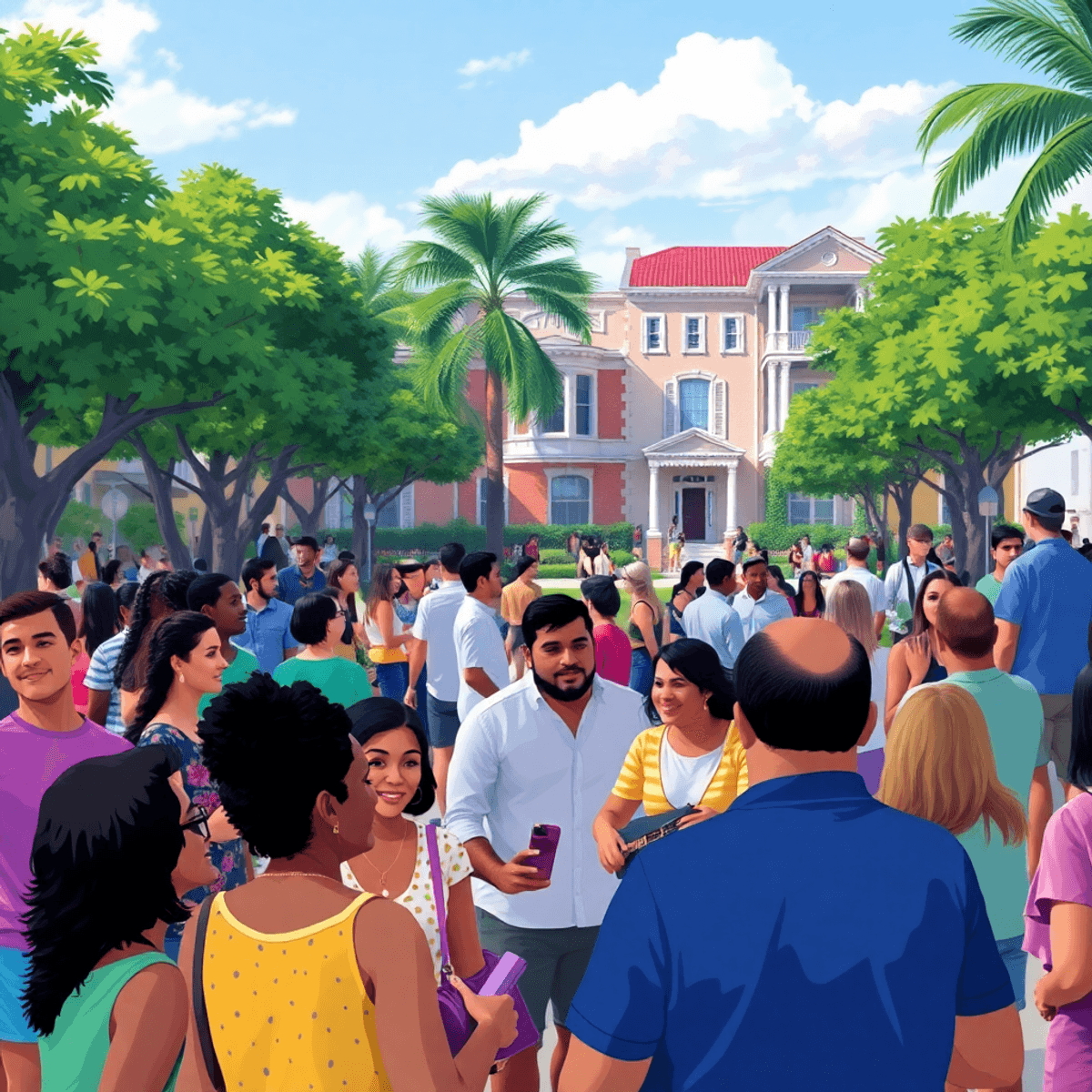 A lively community gathering in Biscayne Park, featuring singles conversing and enjoying outdoor activities amidst tree-lined streets and historic ...