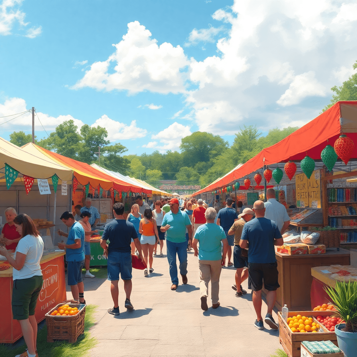 A lively outdoor market at a community festival in Blountstown, Florida, filled with food vendors, craft displays, and colorful decorations, showca...