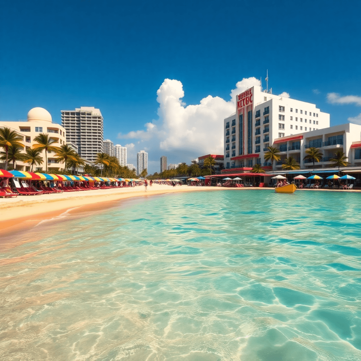 A lively beach scene in South Beach, Miami, featuring crystal-clear waters, golden sand, colorful umbrellas, and iconic Art Deco buildings under a ...