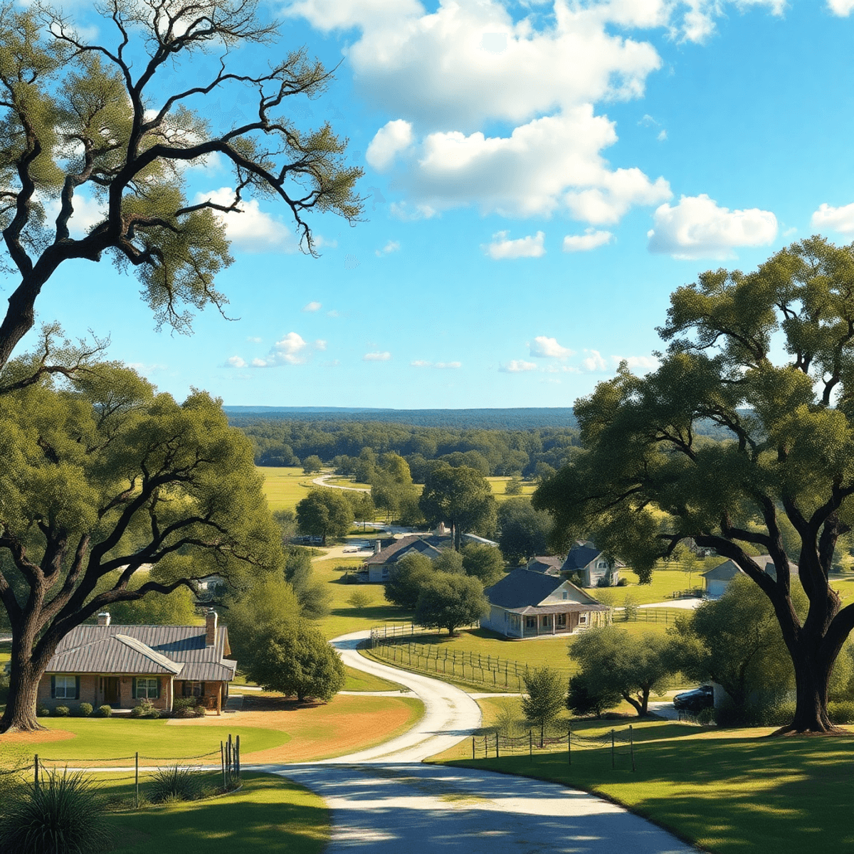 A serene rural landscape in Florida with oak trees and open spaces, subtly featuring a heart shape in the natural surroundings, evoking a sense of ...