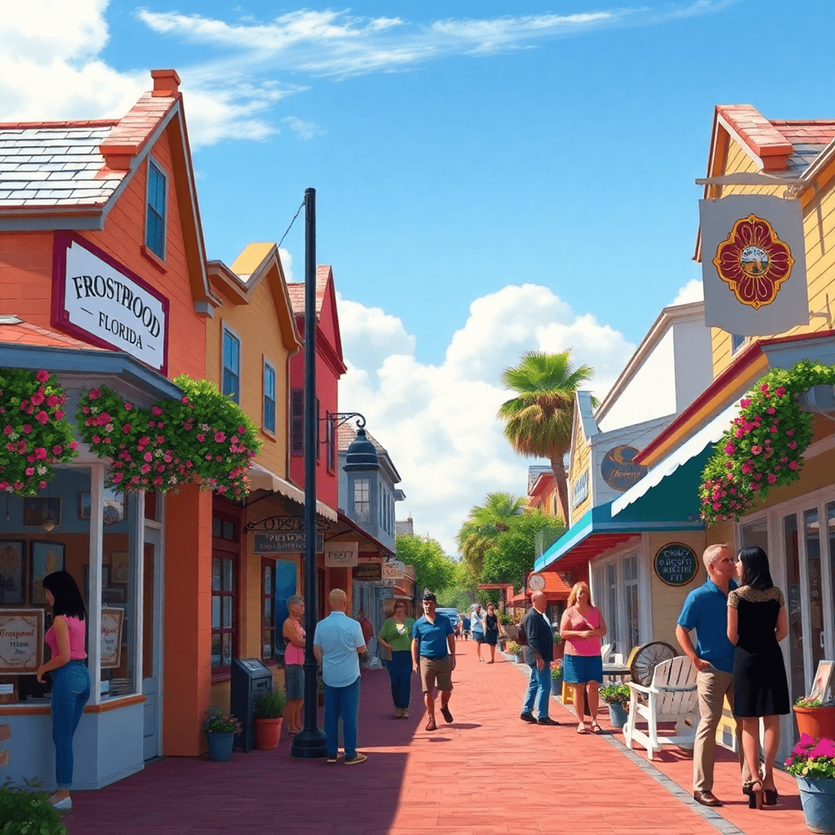 A vibrant small-town street in Frostproof, Florida, filled with colorful shops and community members interacting warmly under a sunny sky, creating...
