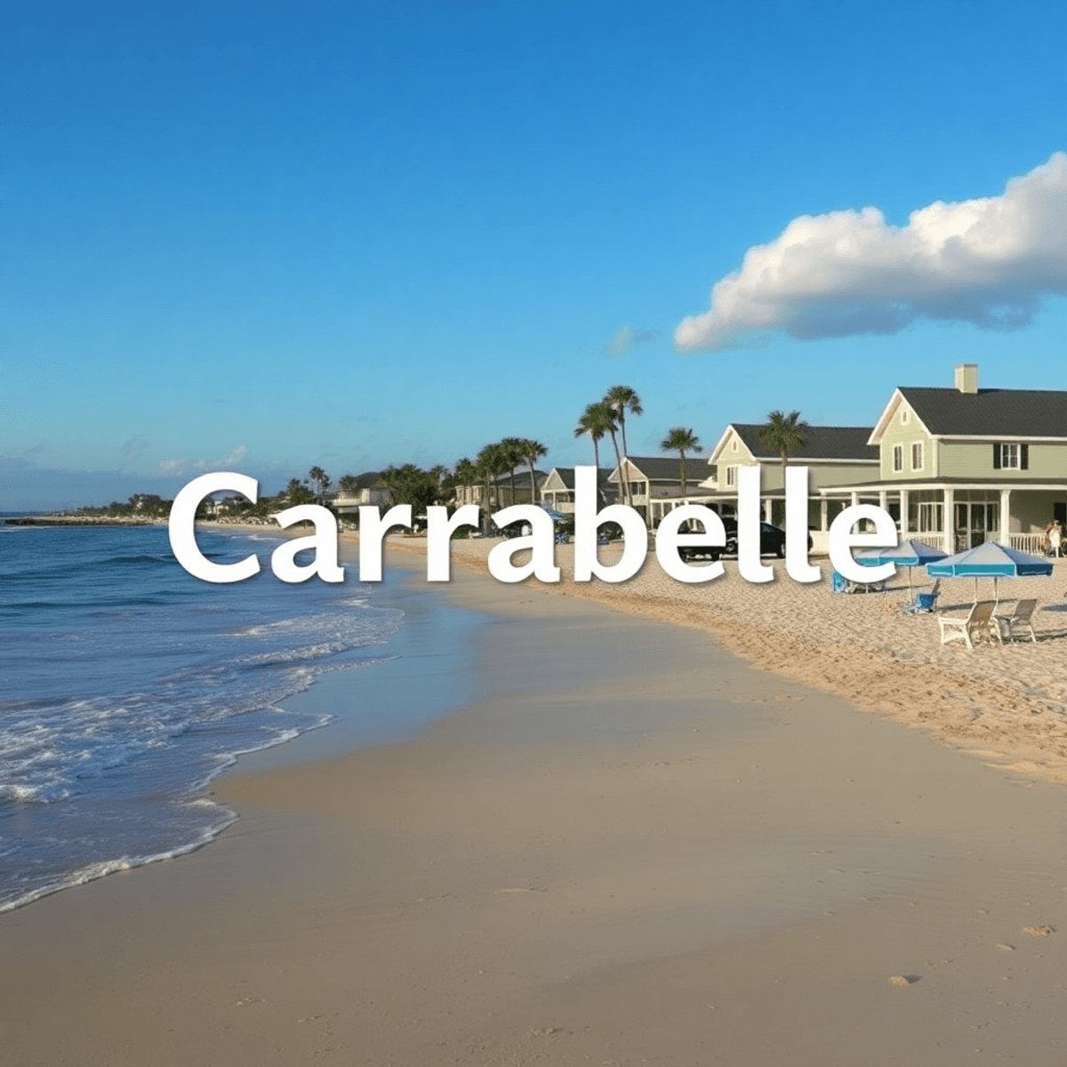 A serene beach in Carrabelle, Florida, with gentle waves, soft sand, colorful beach umbrellas, and a cozy café in the background, evoking romance a...
