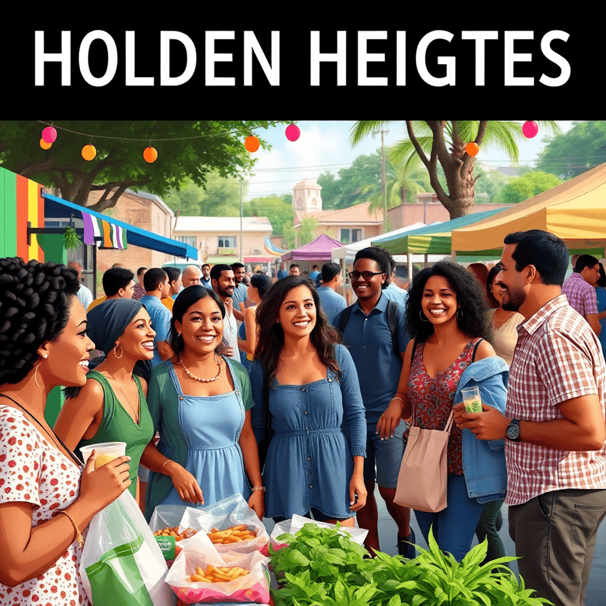 A lively community gathering in Holden Heights, Florida, showcasing singles chatting, enjoying local food at colorful stalls, with live music and a...