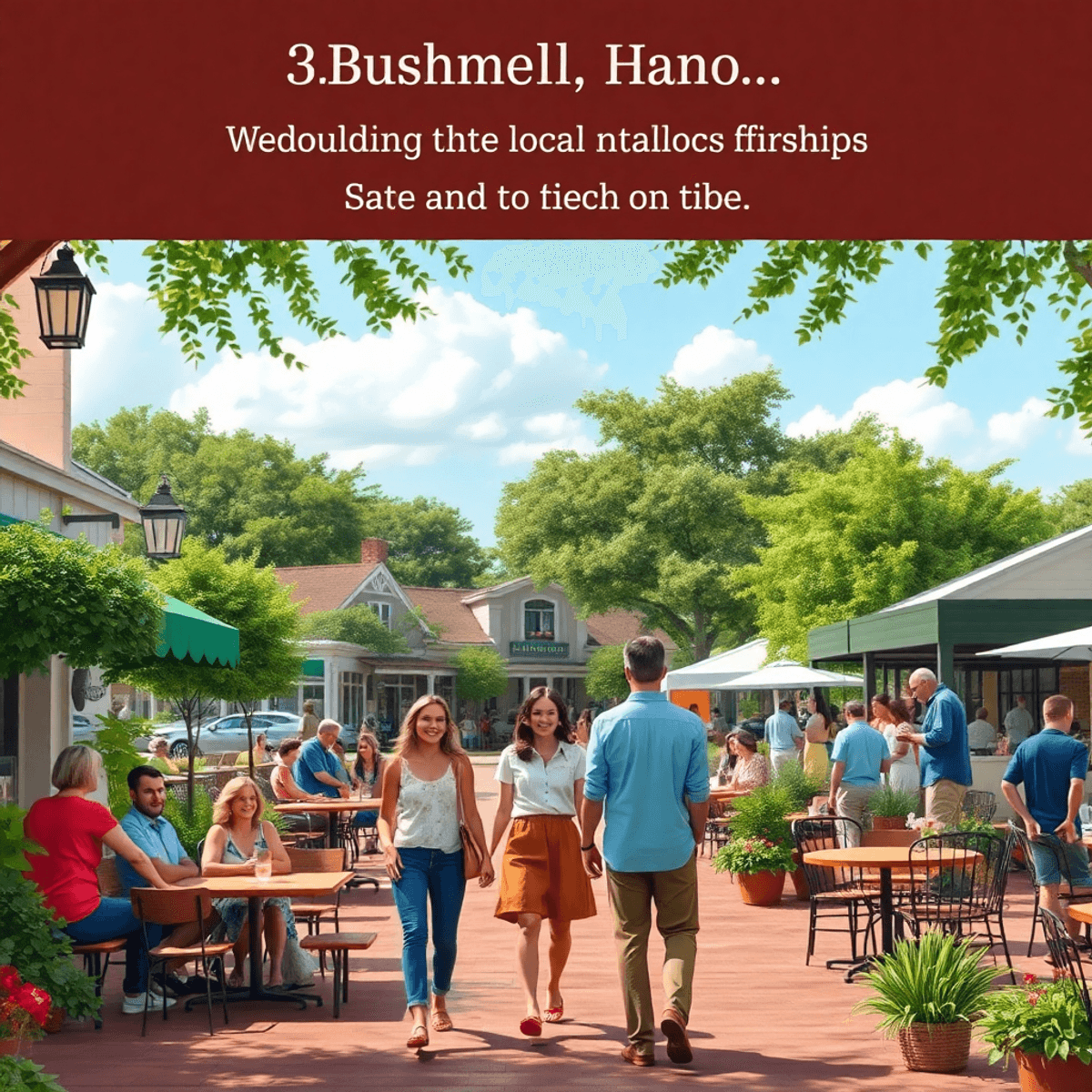 A scenic outdoor view in a small town with cafes, couples walking, lush greenery, and people enjoying community events, radiating warmth and connec...