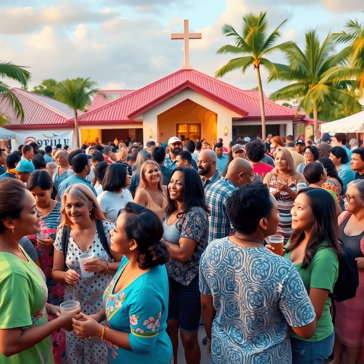 A lively community gathering in Feather Sound, Florida, showcasing singles engaging in activities like sports and friendly interactions in a warm, ...