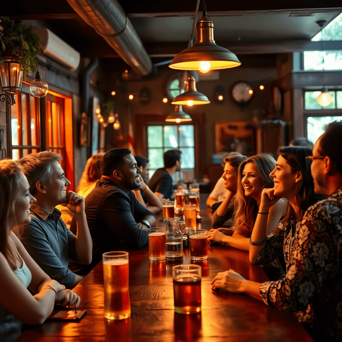 A cozy small-town bar in Florida with warm lighting, drinks on the table, and people engaging in conversation and laughter, creating a welcoming at...