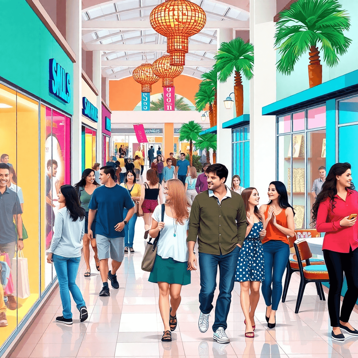 A lively shopping center filled with couples exploring colorful storefronts, enjoying casual interactions, and dining together in a vibrant atmosph...