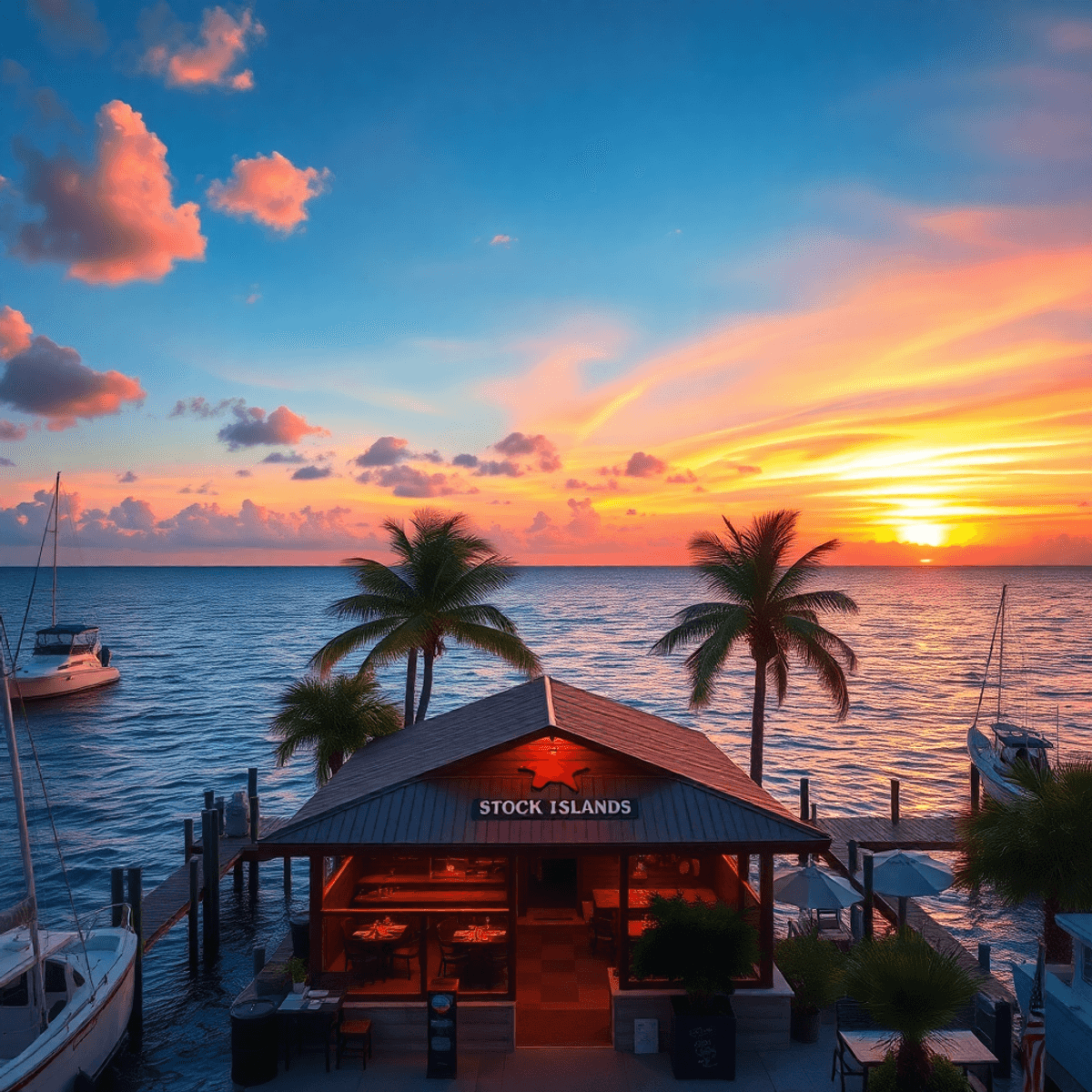A vibrant sunset casts warm colors over sparkling waters, with a cozy waterfront restaurant and tropical palm trees, creating a relaxed atmosphere ...