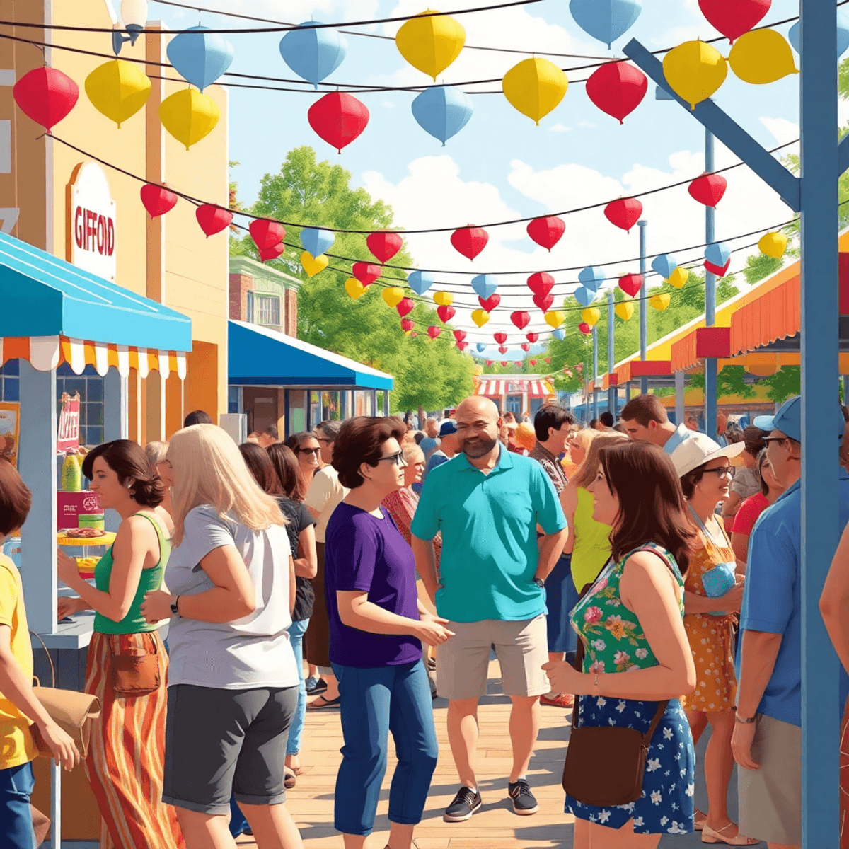 A lively small-town community event in Gifford, Florida, with food stalls, colorful decorations, and people happily chatting under a sunny sky, hig...