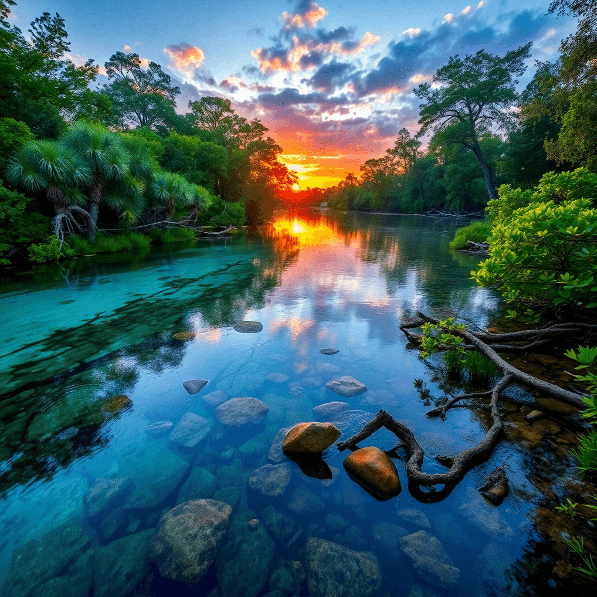 A tranquil sunset over Taylor Creek, Florida, with clear waterways, lush greenery, and native wildlife, creating a serene and romantic atmosphere.