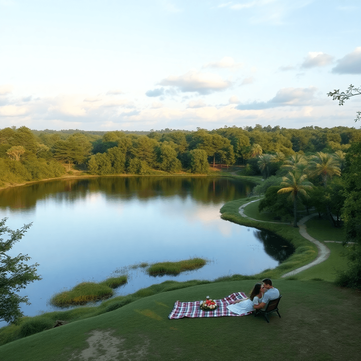 A tranquil Moon Lake scene with a cozy picnic setup near the water's edge, surrounded by lush greenery, evoking romance and adventure in nature.