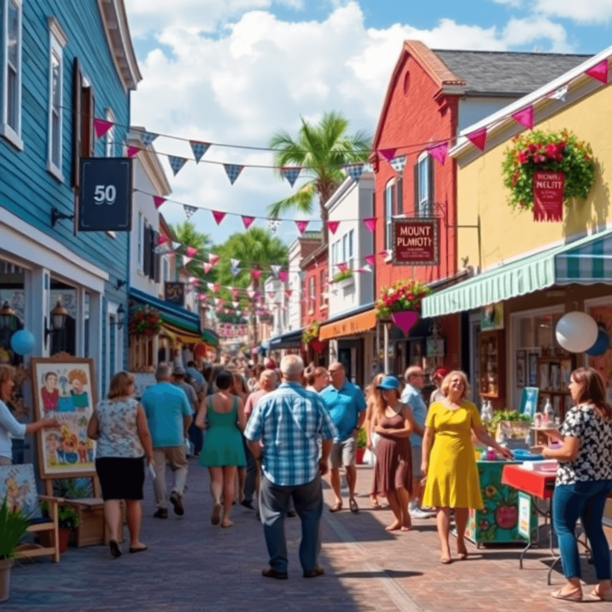 A lively small-town street in Mount Plymouth, Florida, filled with colorful decorations, art displays, food stalls, and people mingling in a warm, ...