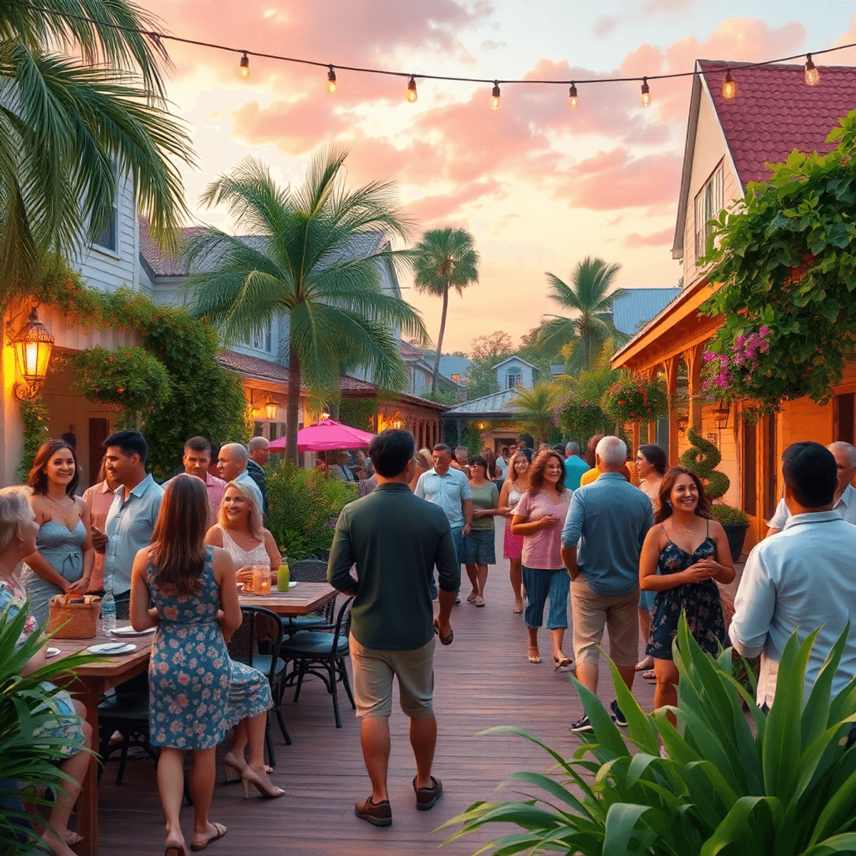 A vibrant outdoor gathering in a small Florida town, with people engaging in conversation and laughter amidst lush greenery and charming decor, ref...