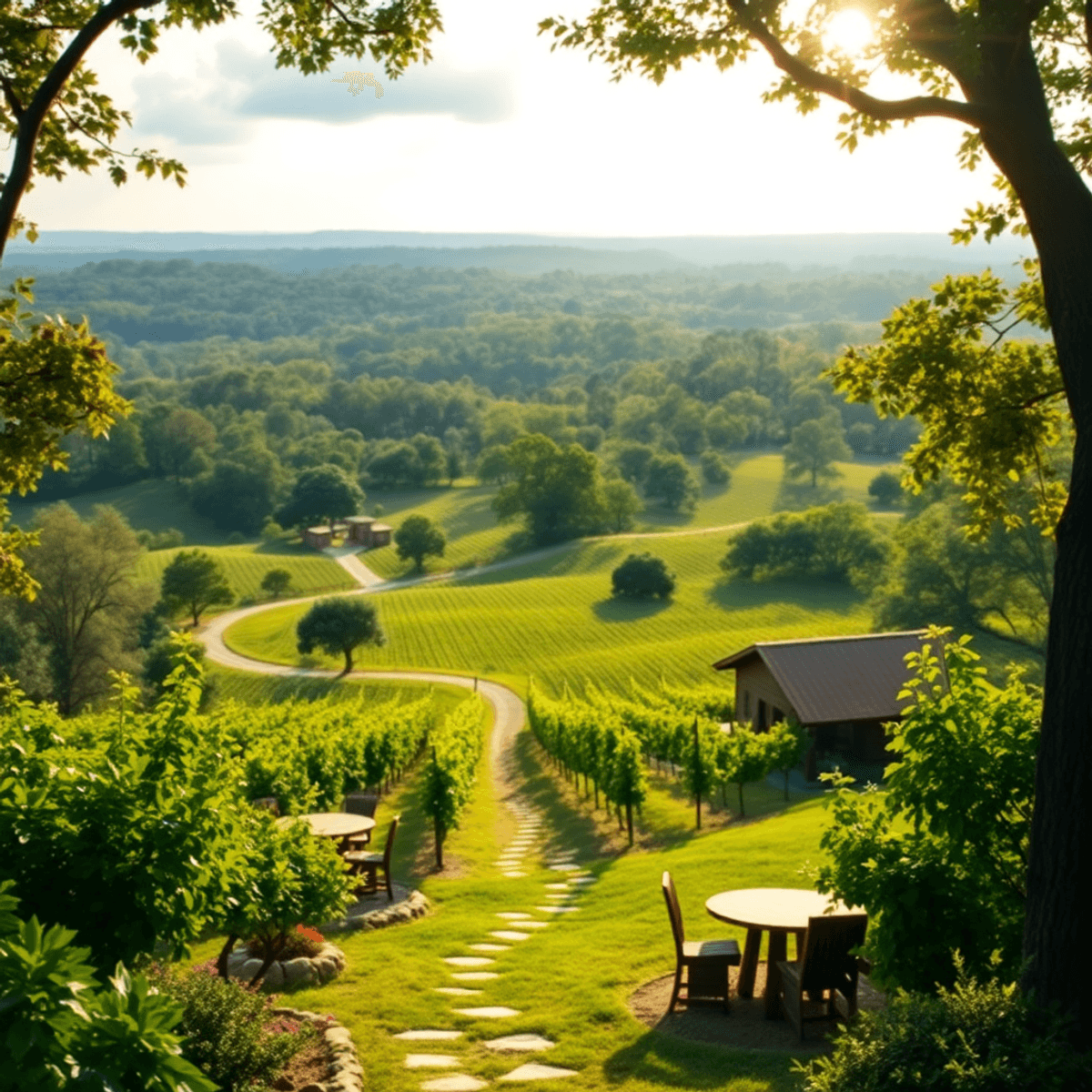 A picturesque view of Brookridge, Florida, showcasing lush green landscapes, serene trails, and a charming vineyard under soft sunlight, perfect fo...