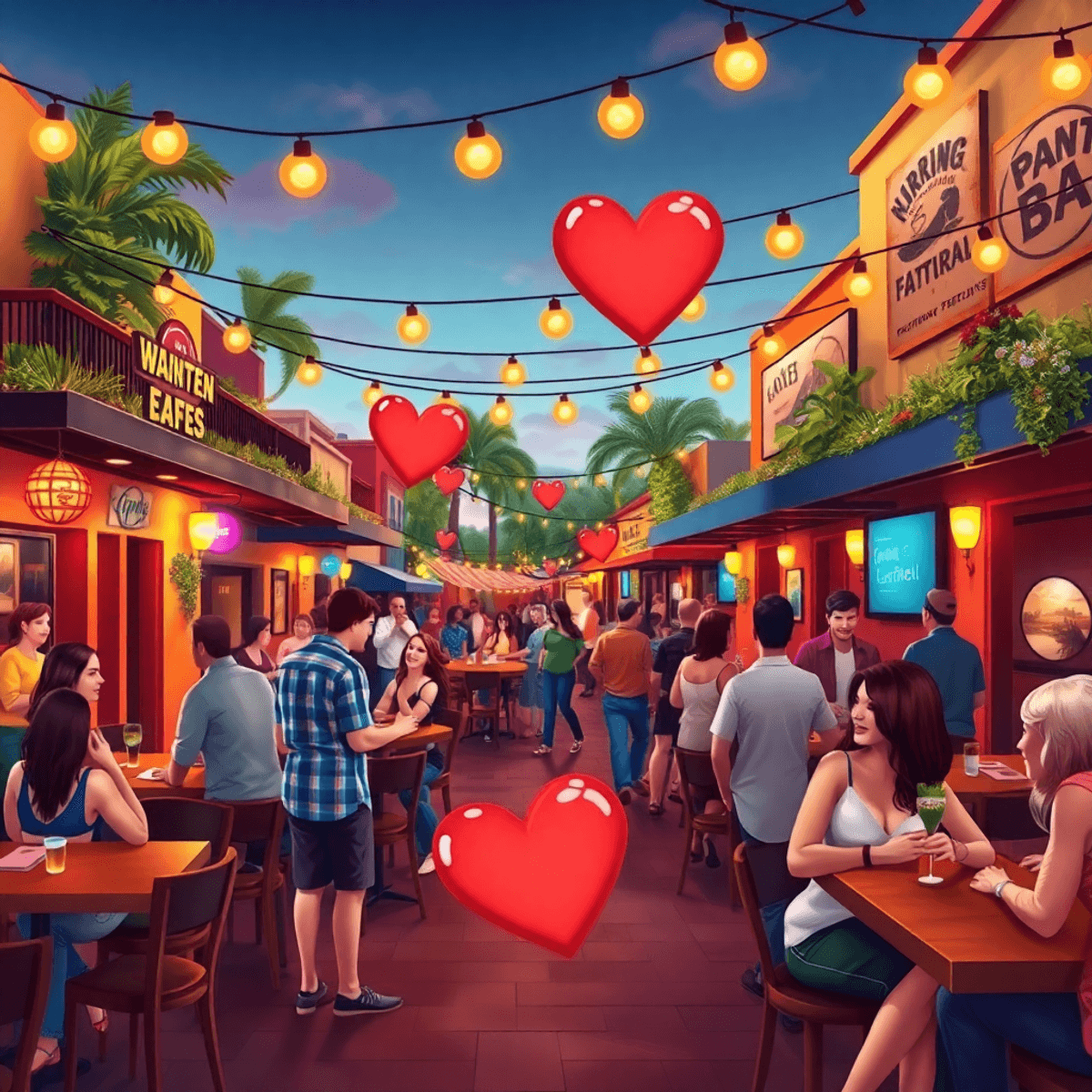 A vibrant community scene in Whitfield, Florida, featuring local bars and restaurants with people socializing, couples sharing moments, and heart s...