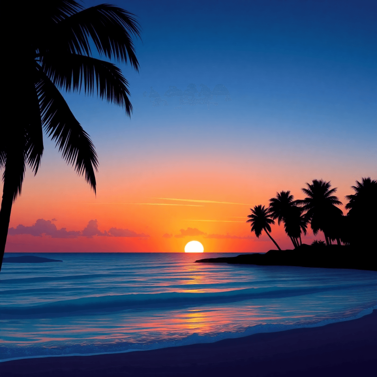 A tranquil beach sunset at Big Pine Key, Florida, featuring silhouettes of palm trees and gentle waves, evoking romance and relaxation.