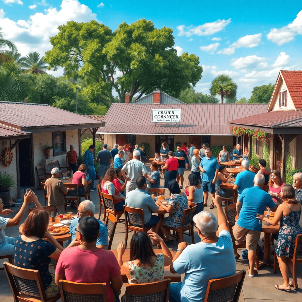 A lively community center filled with people enjoying game nights, potluck dinners, and dance classes, surrounded by charming architecture and lush...
