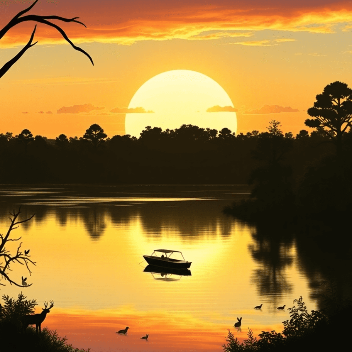 A serene sunset over Lake Panasoffkee with a silhouette of a small boat on the water, framed by lush cypress trees and wildlife, evoking outdoor ro...