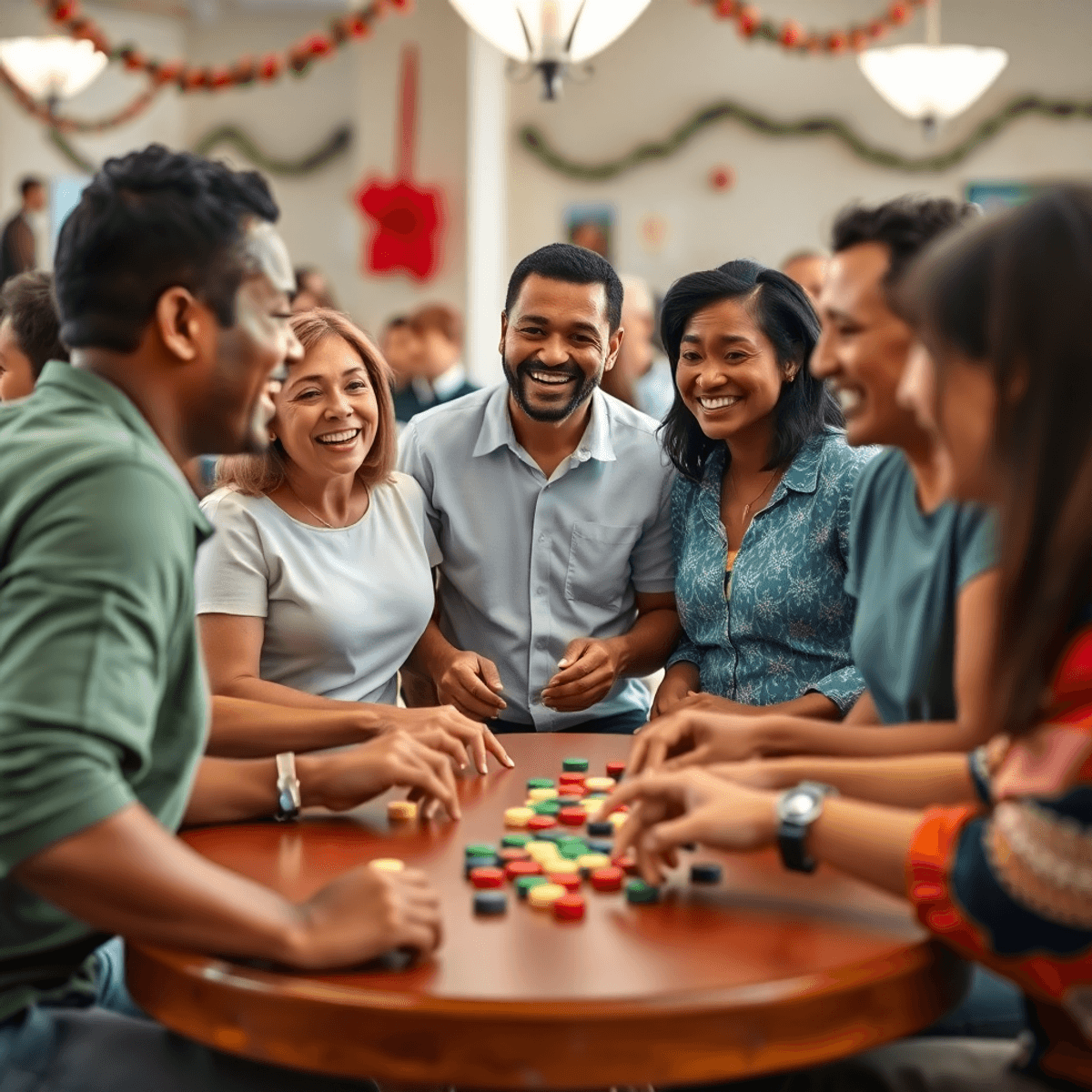 A lively community gathering at a center in Clarcona, Florida, with a cheerful group of singles enjoying board games and socializing amidst festive...