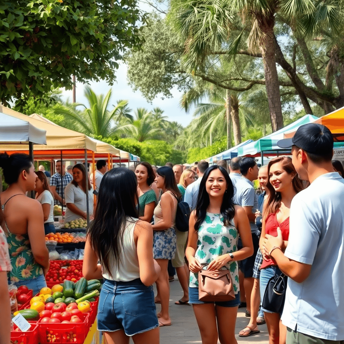 A lively farmers' market in June Park, Florida, with colorful stalls of fresh produce and crafts, surrounded by greenery and people enjoying conver...