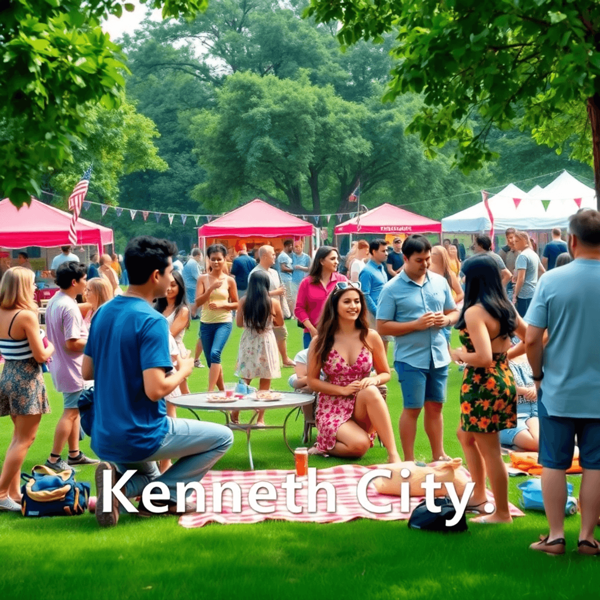 A lively outdoor dating event in a park, with singles chatting and enjoying activities. The scene features greenery, picnic blankets, food stalls, ...