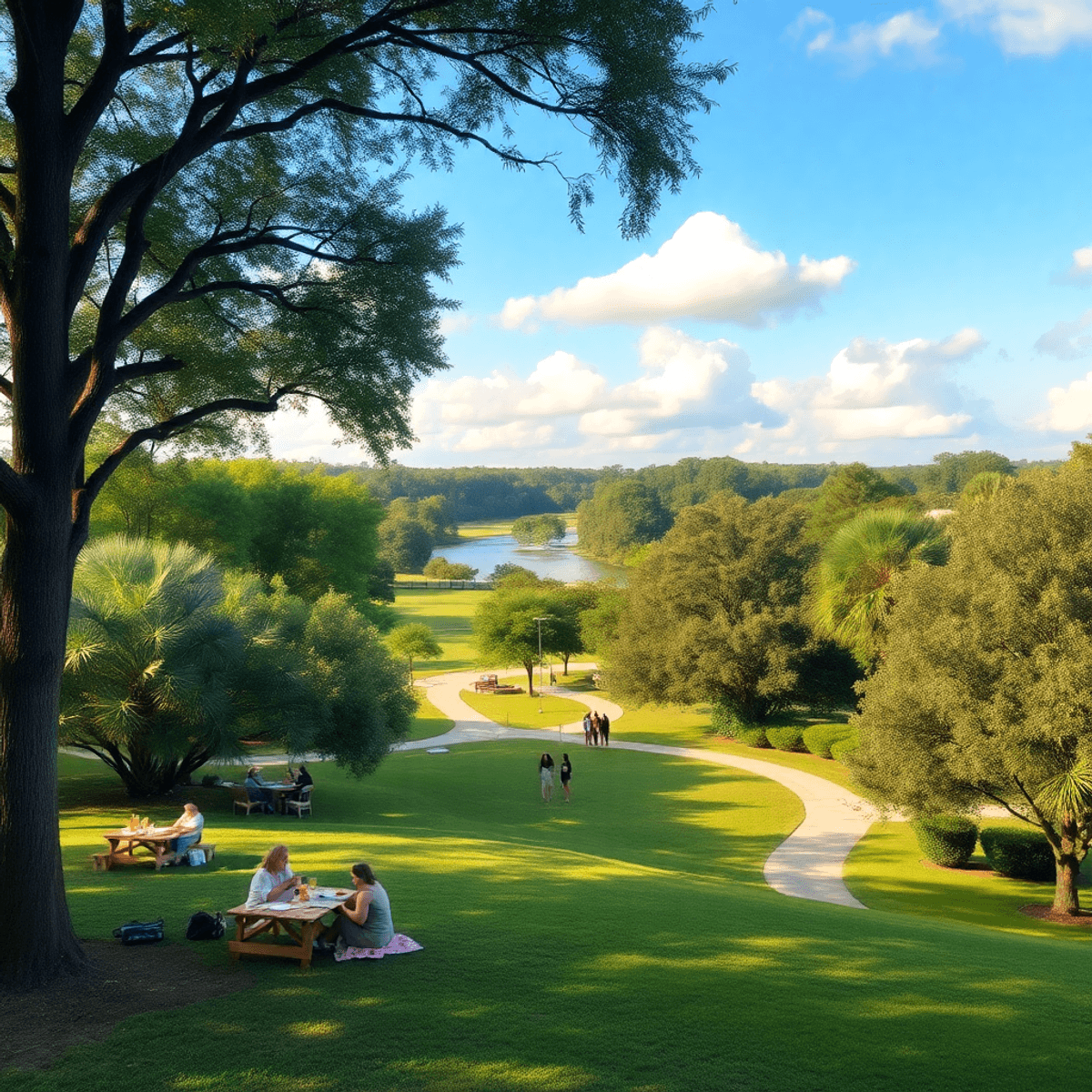 A serene park in River Ridge, Florida, with lush greenery, a walking path, and a picnic setup, inviting outdoor activities and community connection.