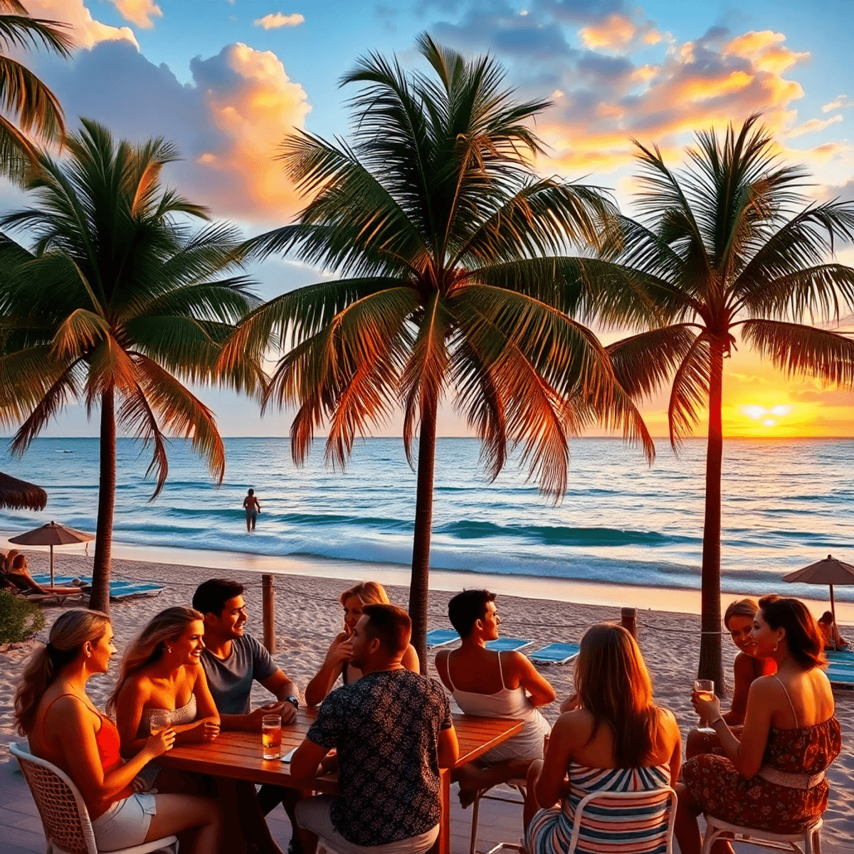 A scenic beach in Naples Park, Florida, showcasing palm trees and a colorful sunset, with people socializing and enjoying drinks in a lively outdoo...