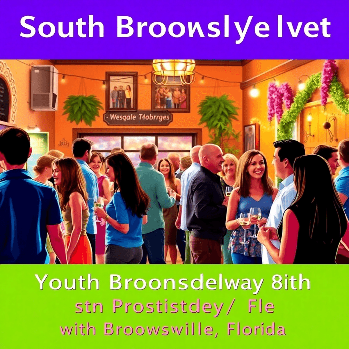 A lively singles event in South Brooksville, Florida, with people engaged in conversation, wine tasting, and dancing in a charming venue adorned wi...