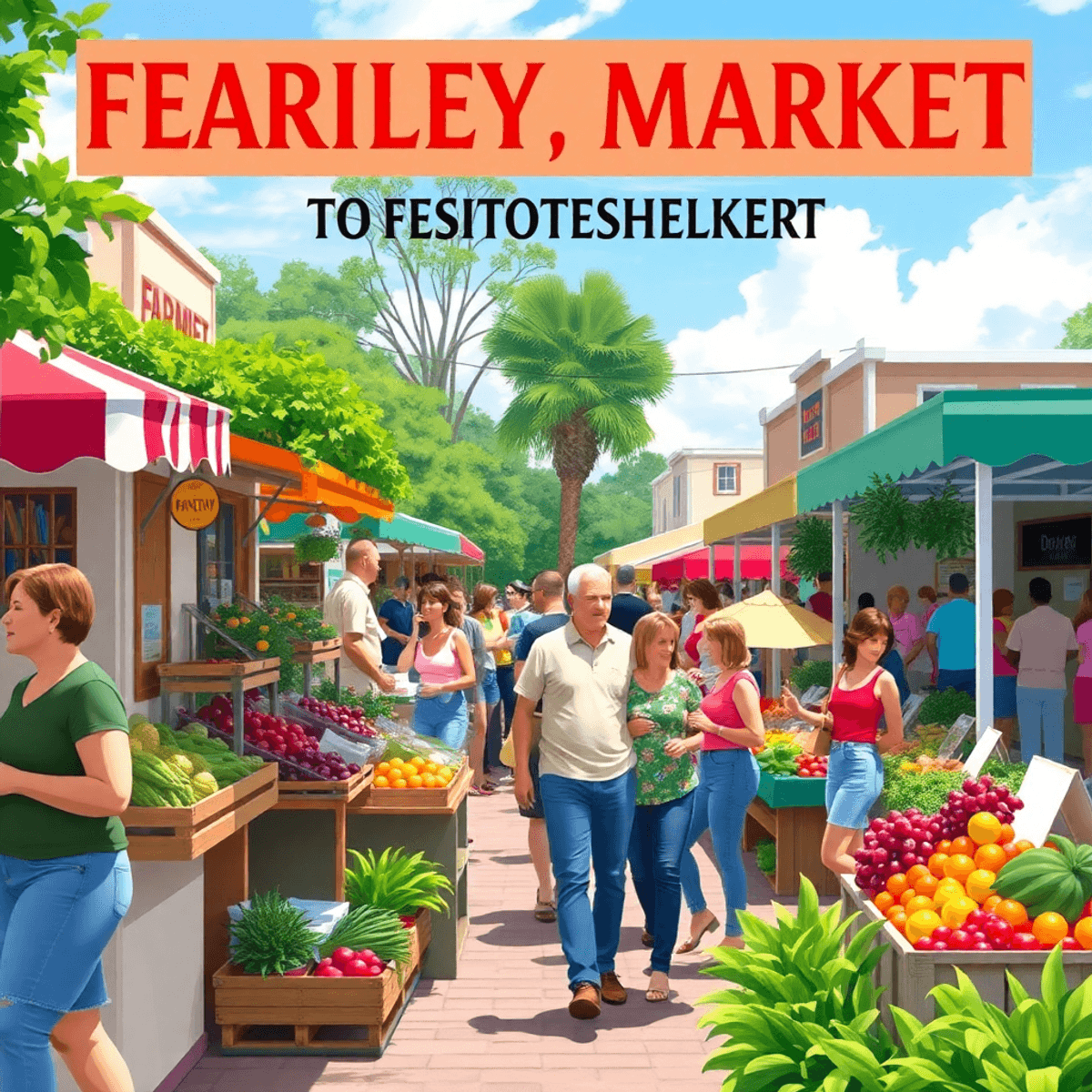 A lively farmers' market in a small town, featuring colorful stalls filled with fresh produce, locals chatting and enjoying the sunny atmosphere, s...