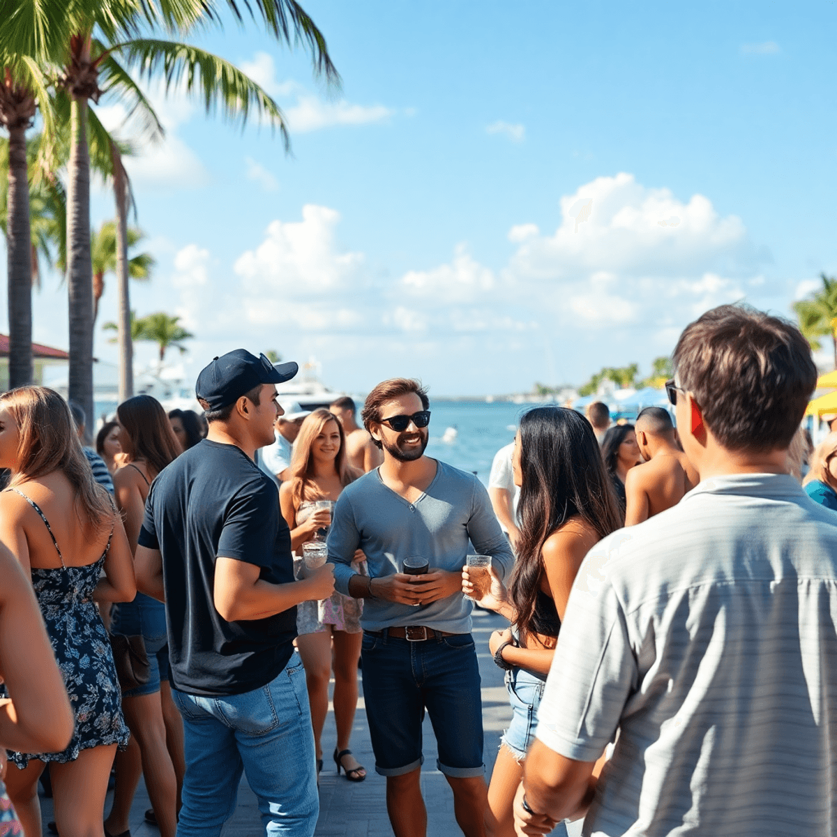 A lively outdoor scene in South Bay, Florida, featuring young professionals engaging in water sports and local festivals under a bright, sunny sky.