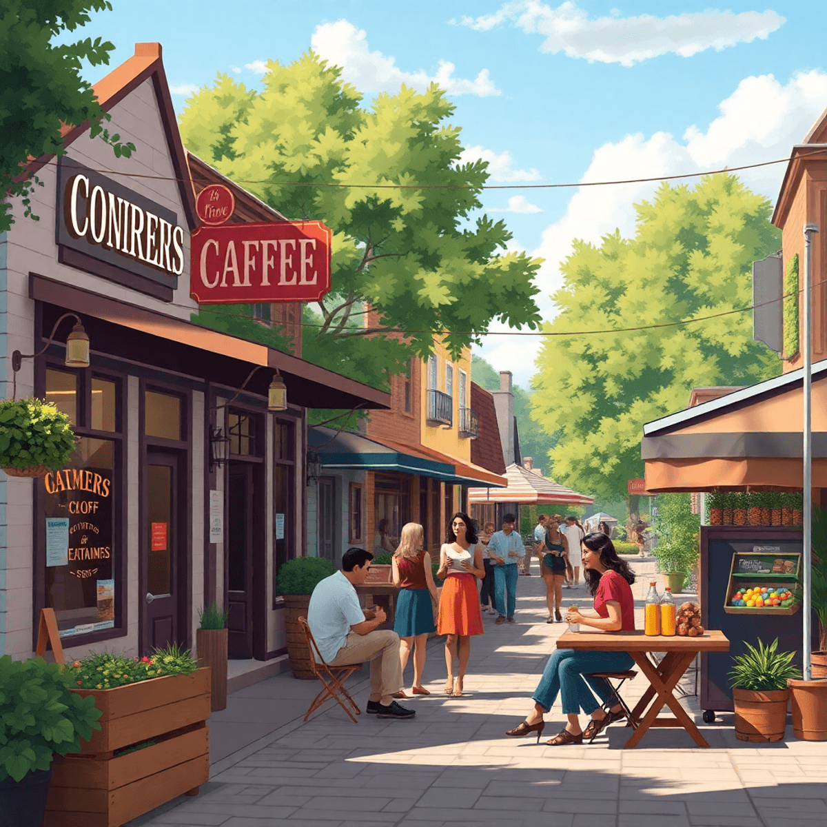 A charming small-town street in Fussels Corner, Florida, lined with coffee shops and eateries, featuring a farmers' market stall and people sociali...
