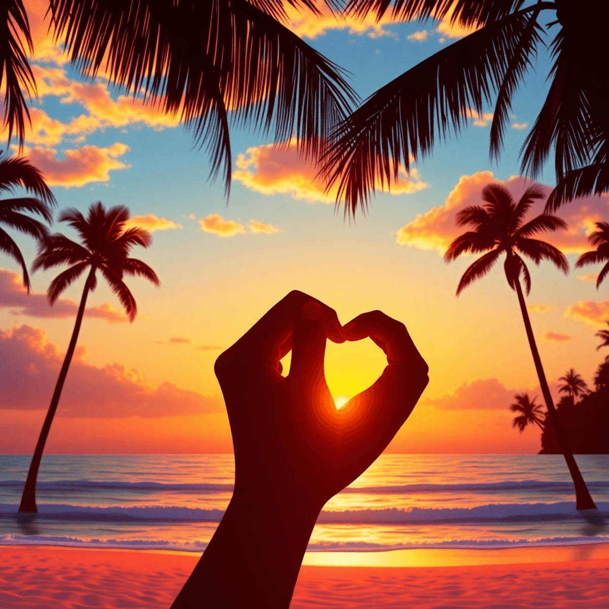 A vibrant sunset over the ocean with silhouettes of palm trees, featuring heart shapes and intertwined hands in the foreground, creating a warm and...
