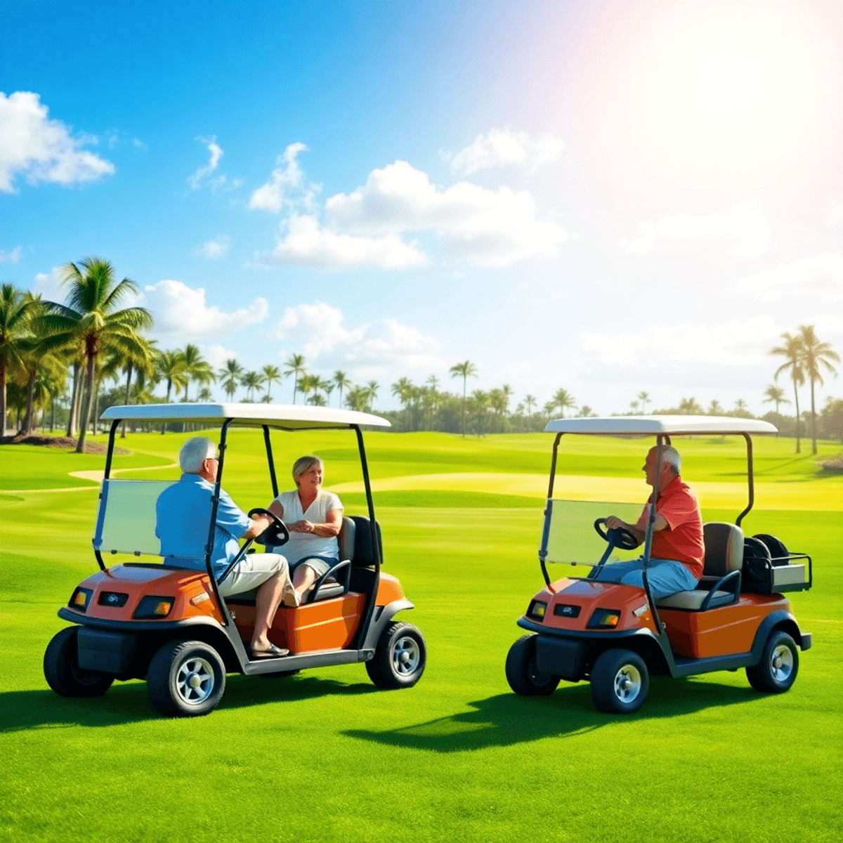 A sunny golf course in a retirement community with lush greenery, two golf carts parked together, and seniors engaging in a friendly conversation u...