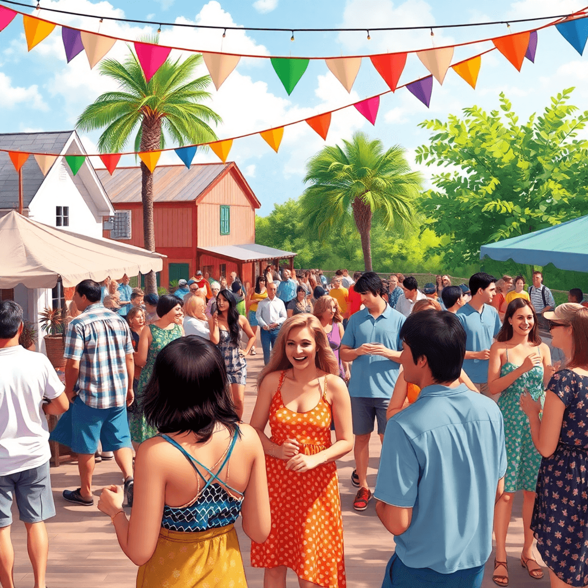A lively outdoor event in a small-town community, featuring singles dancing, socializing, and playing sports amidst colorful decorations and lush g...