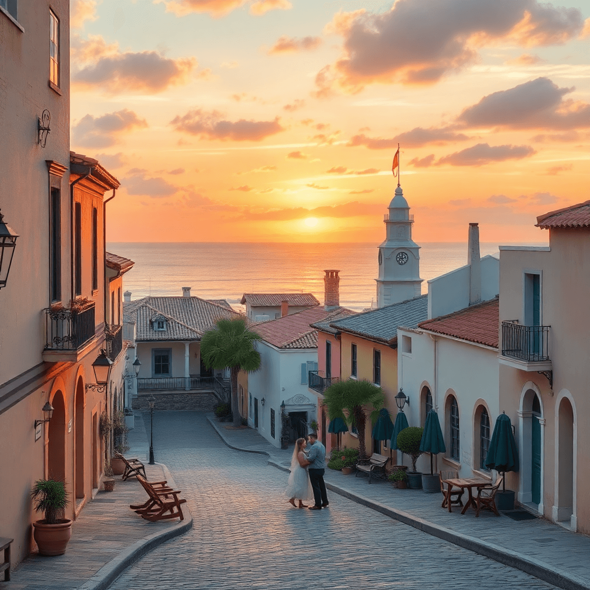 A picturesque coastal scene of St. Augustine South with sunset over the ocean, cobblestone streets, and Spanish colonial buildings, evoking romance...