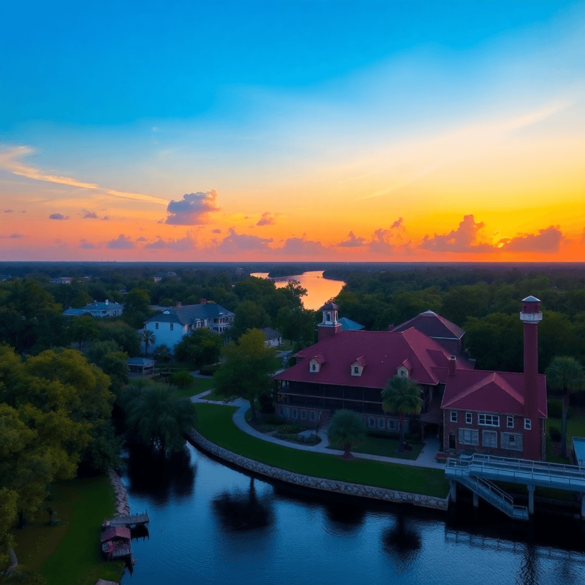 A scenic view of Fort Meade, Florida, featuring historic buildings and lush landscapes along the Peace River, illuminated by a warm sunset.