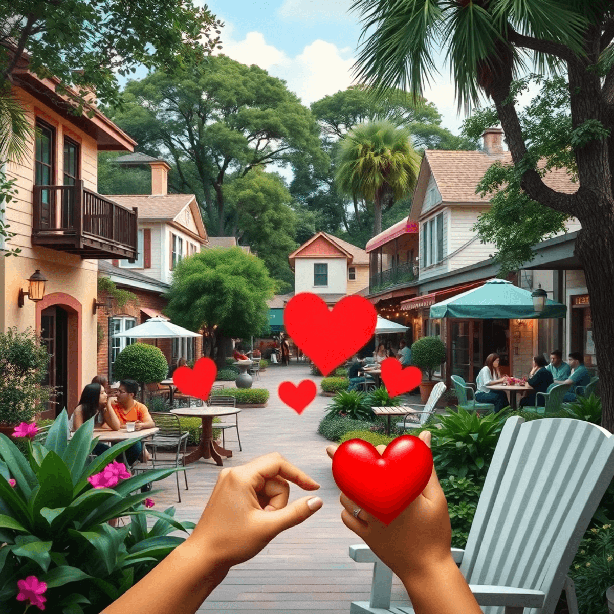 A charming small-town scene in Florida with lush greenery, inviting social spaces, and subtle symbols of love like hearts in the foreground, evokin...