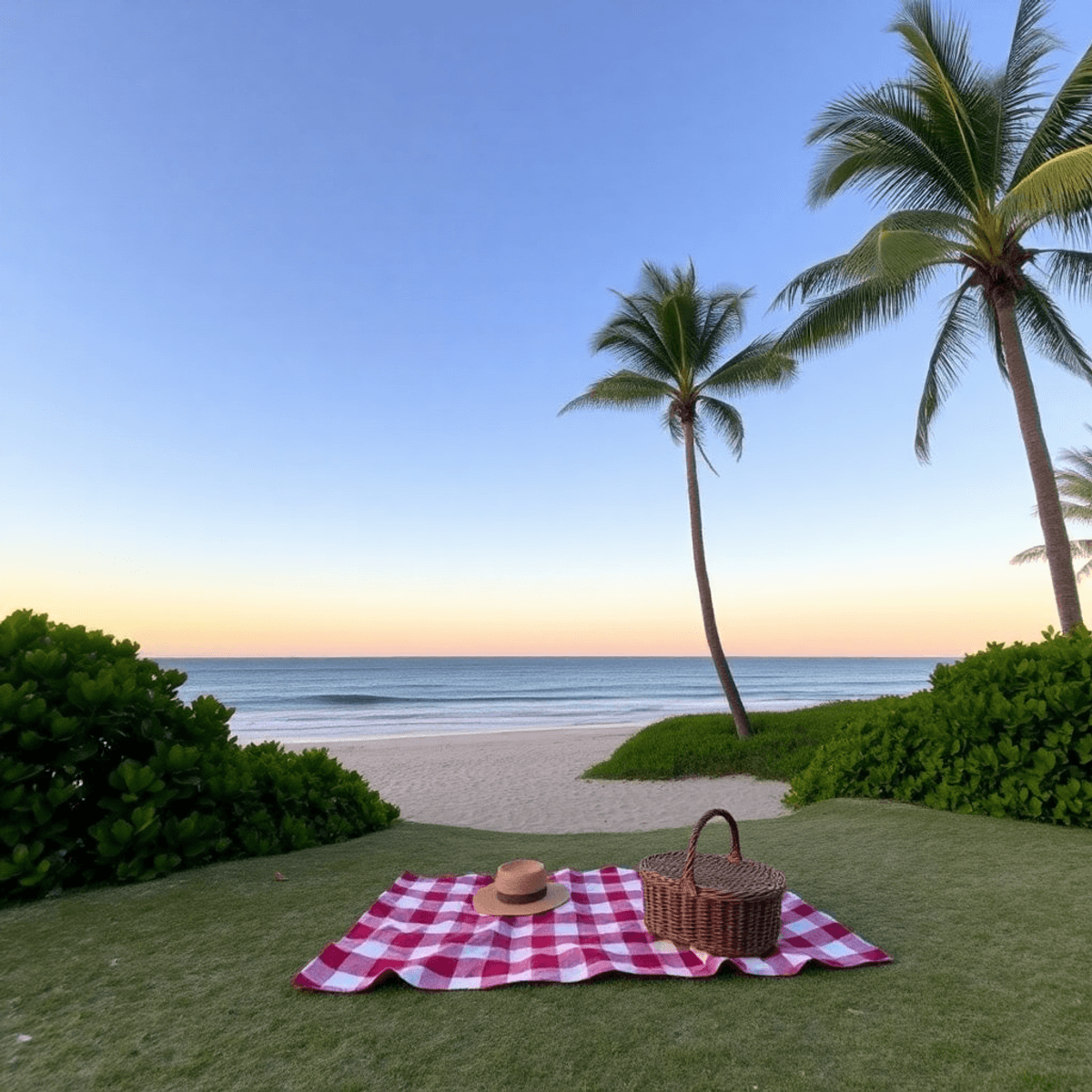 A serene view of Blind Creek Beach at sunset, featuring gentle waves, soft sand, and a cozy picnic setup with a blanket and basket amidst lush gree...