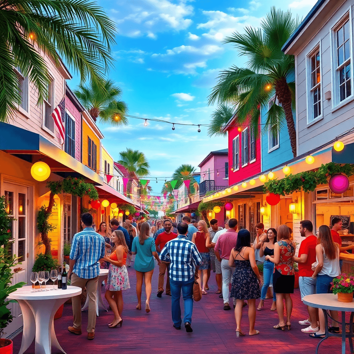 A lively small-town street in Perry, Florida, bustling with singles mingling at a wine tasting event, adorned with colorful decorations, exuding wa...