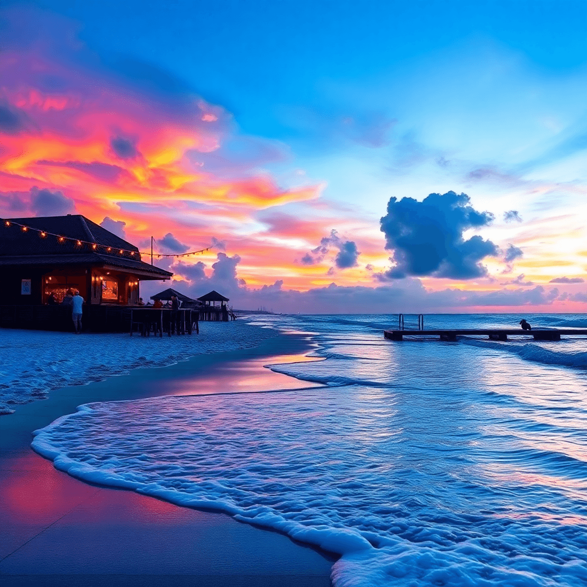 A vibrant sunset over Neptune Beach, Florida, with gentle waves, a cozy beachfront bar adorned with string lights, and silhouettes of people enjoyi...